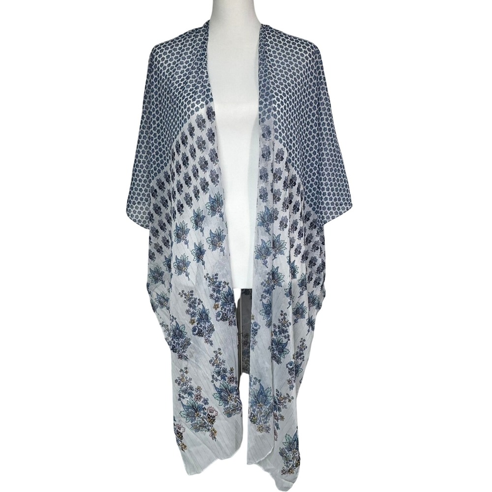 LANE BRYANT Kimono Cover Up Blue Floral Polka‎ Dot Open Front Lightweight Sheer